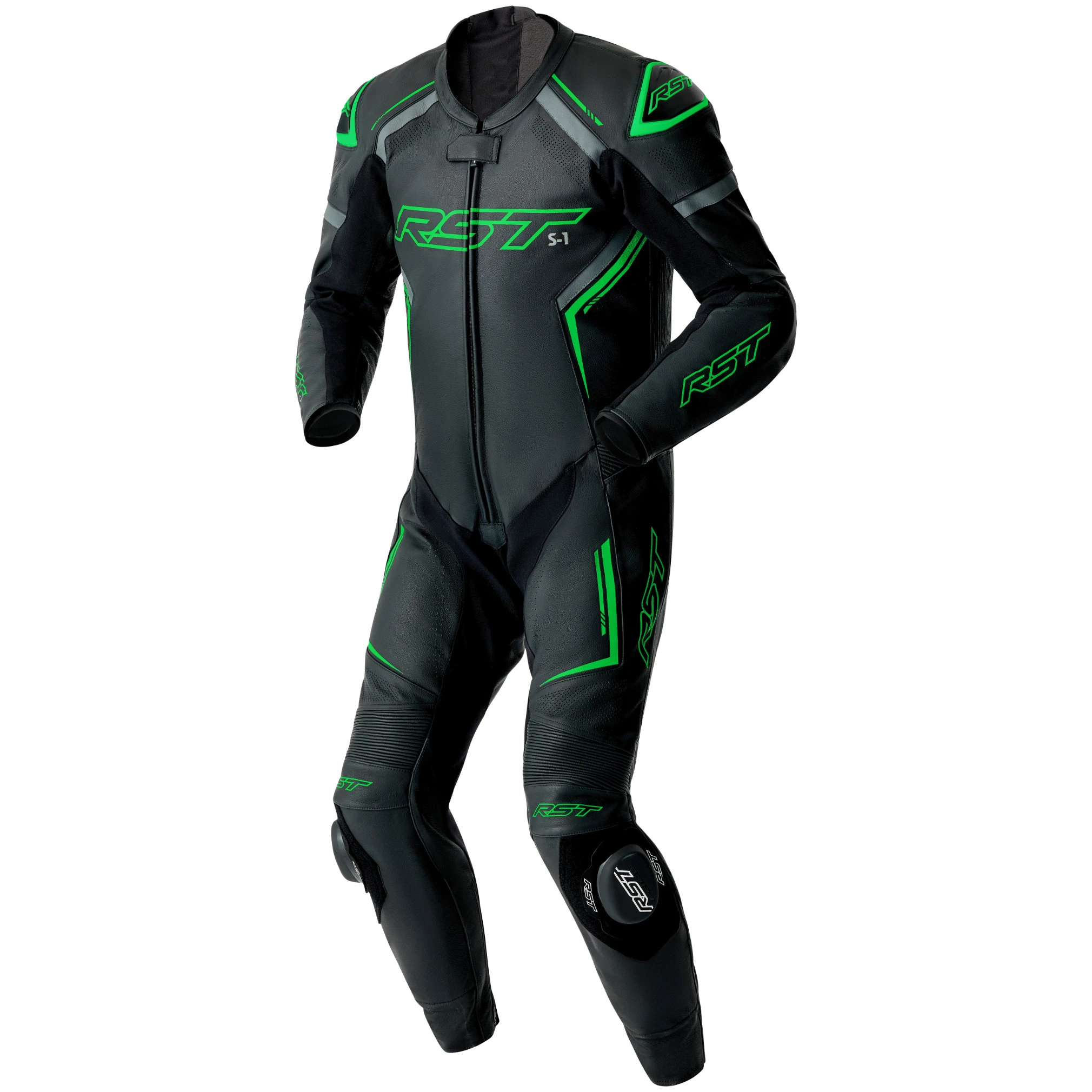 RST RST S1 D3O CE One Piece Leather Suit - Black / Grey / Flo Green