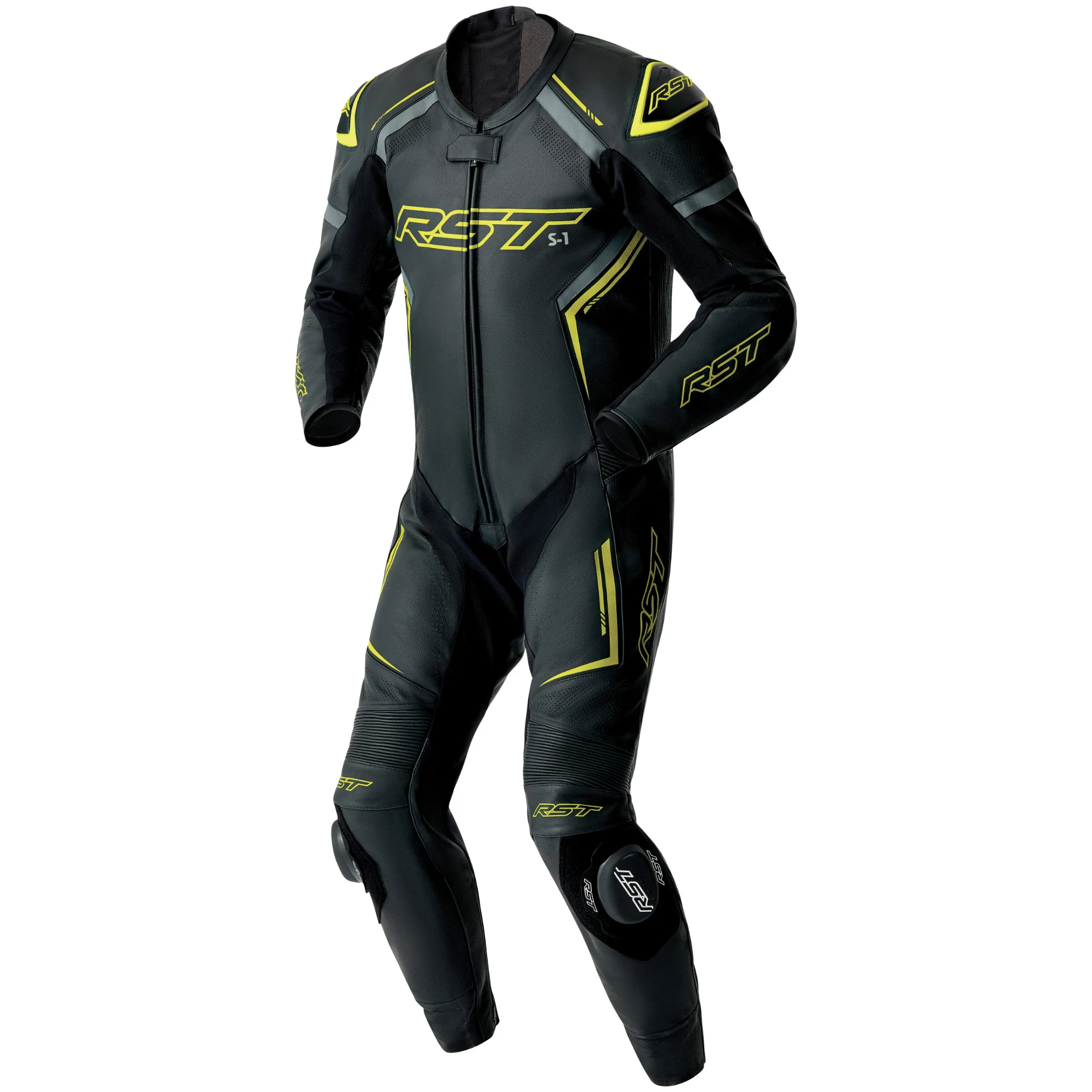 RST RST S1 D3O CE One Piece Leather Suit - Black / Grey / Flo Yellow